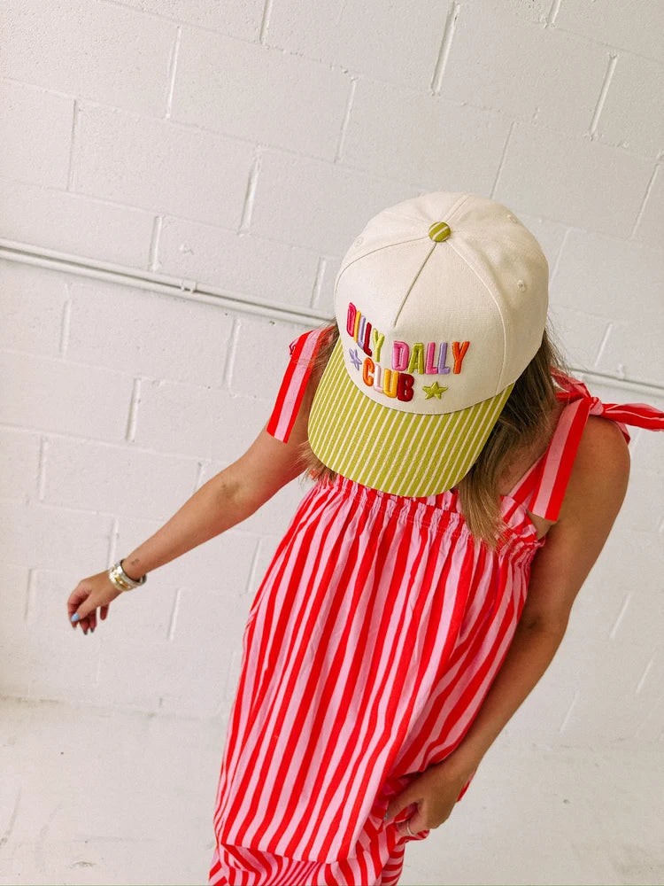 dilly dally club trucker hat - multi / green stripe