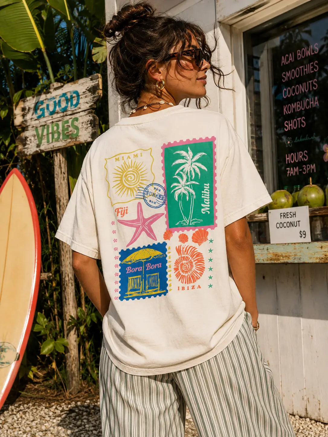 Tropical Stamps Front and Back Cream T-Shirt