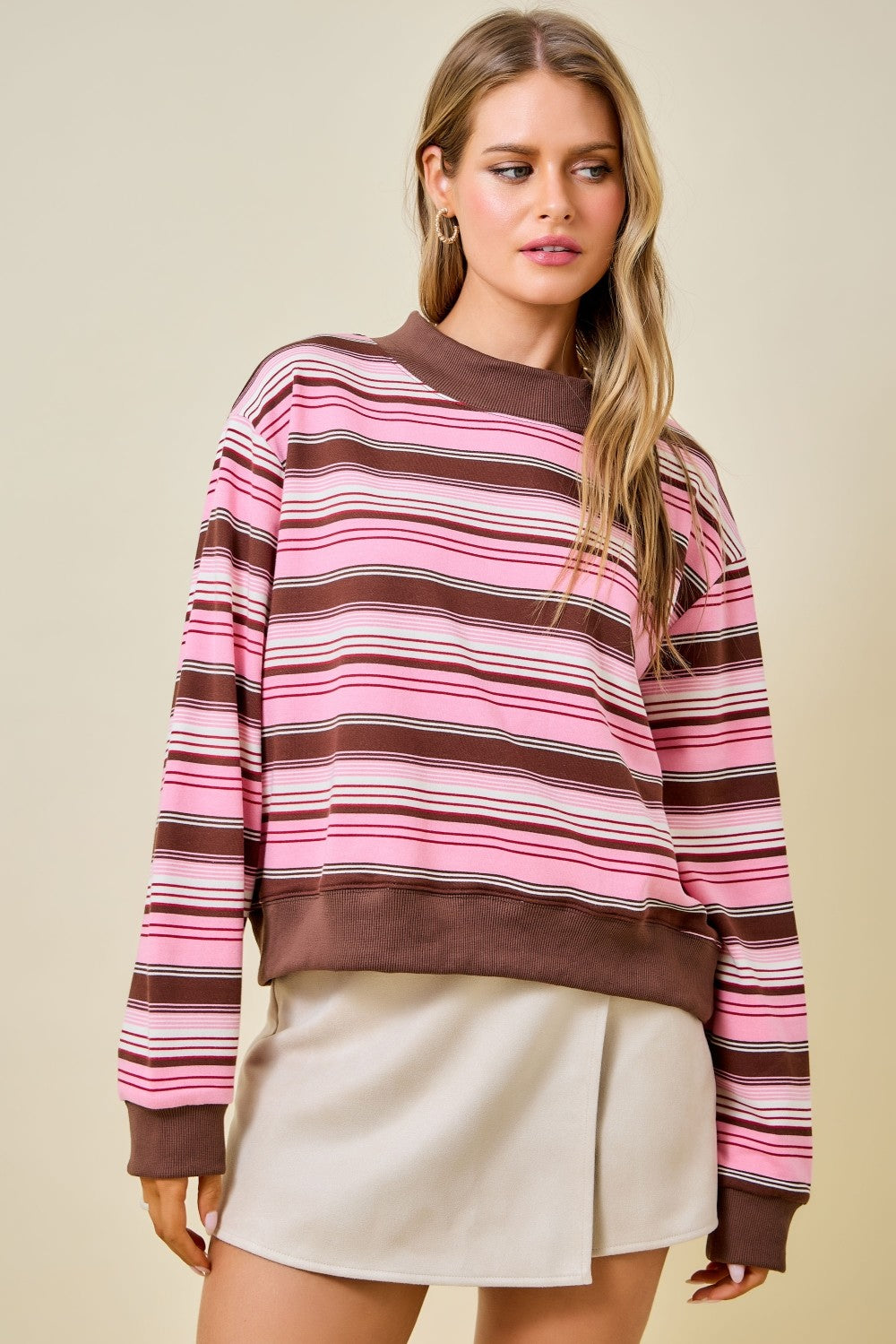 Donna Pink Striped Mockneck
