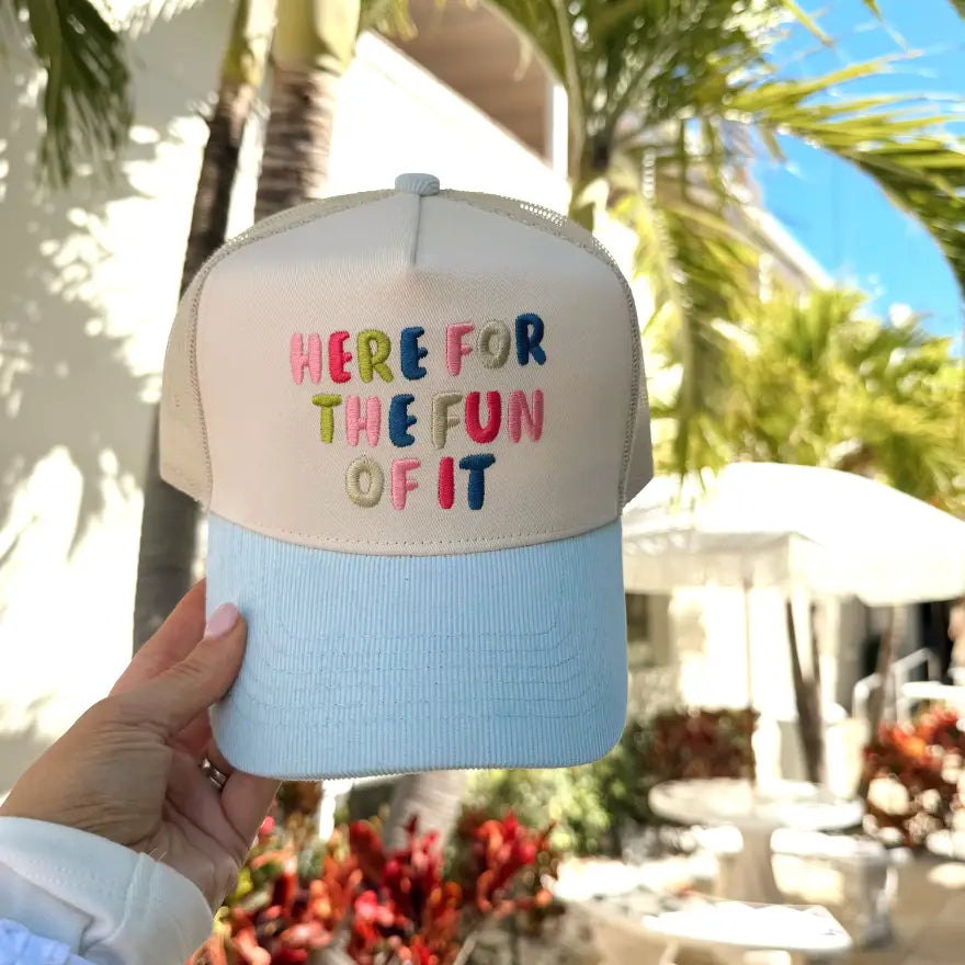 Here For the Fun of It - Baby Blue Corduroy Trucker Hat