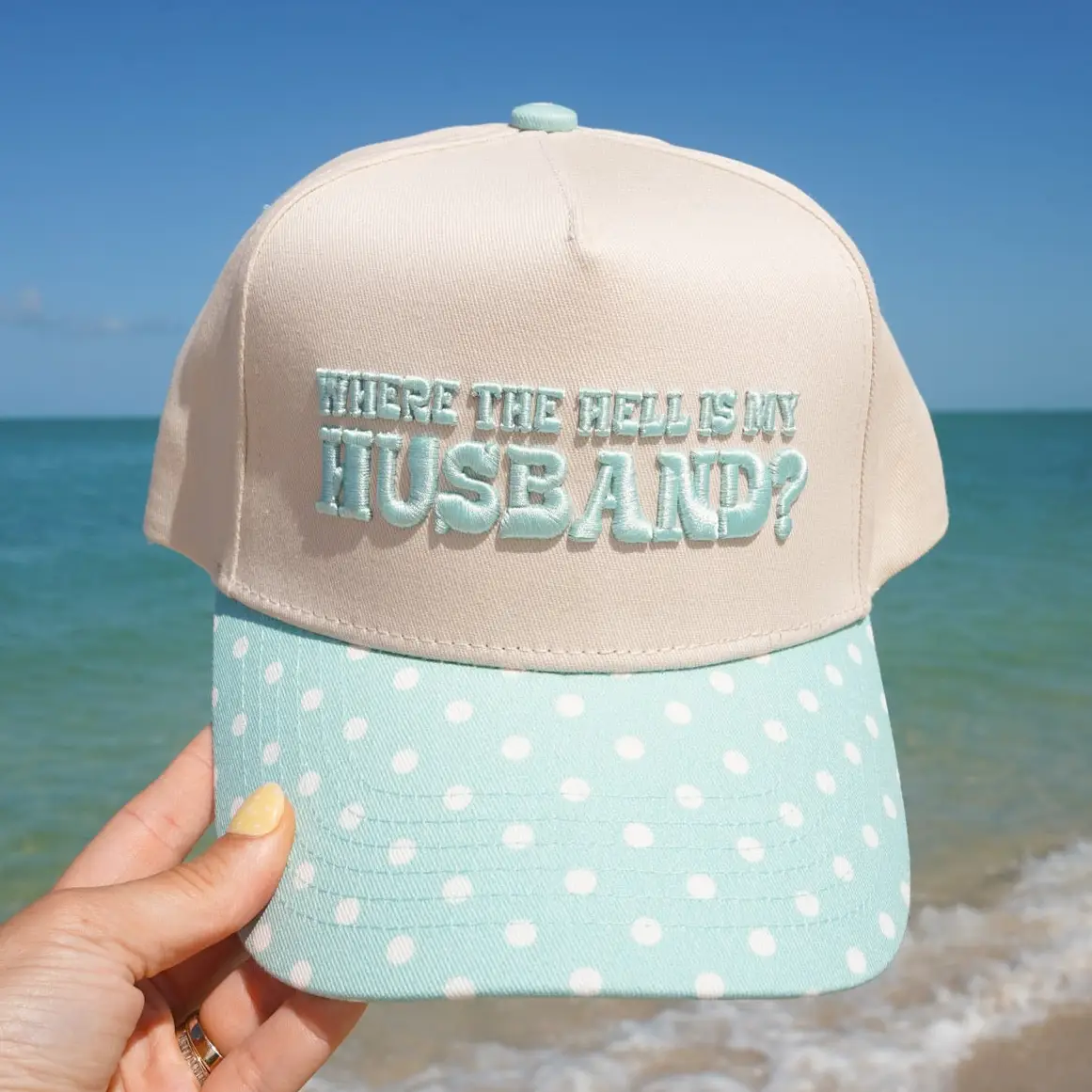 Where Is My Husband? - Baby Blue Polka Dot Trucker
