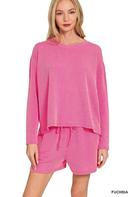 Rib Long Sleeve Tee & Shorts Set Fuchsia
