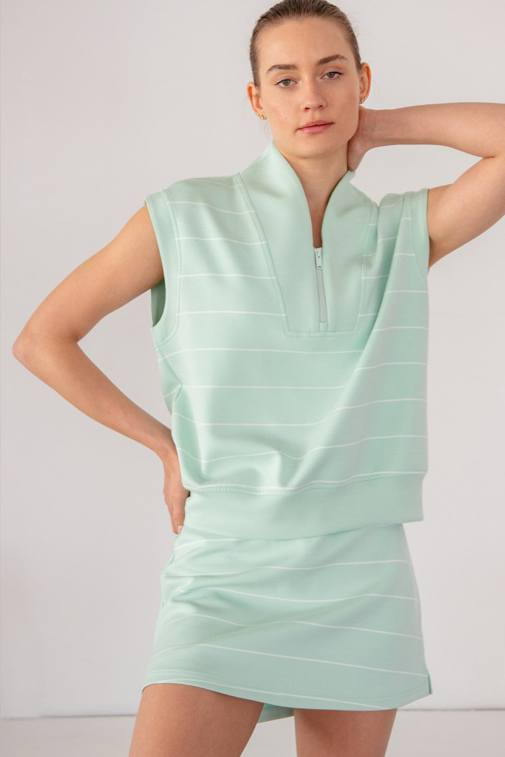 Modal Scuba Stripe V Neck Top Mint