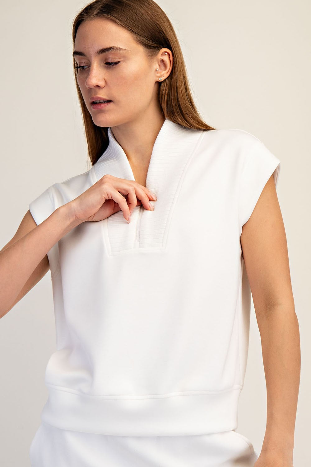 Modal Scuba Quarter Zip Sleeveless Top Cream