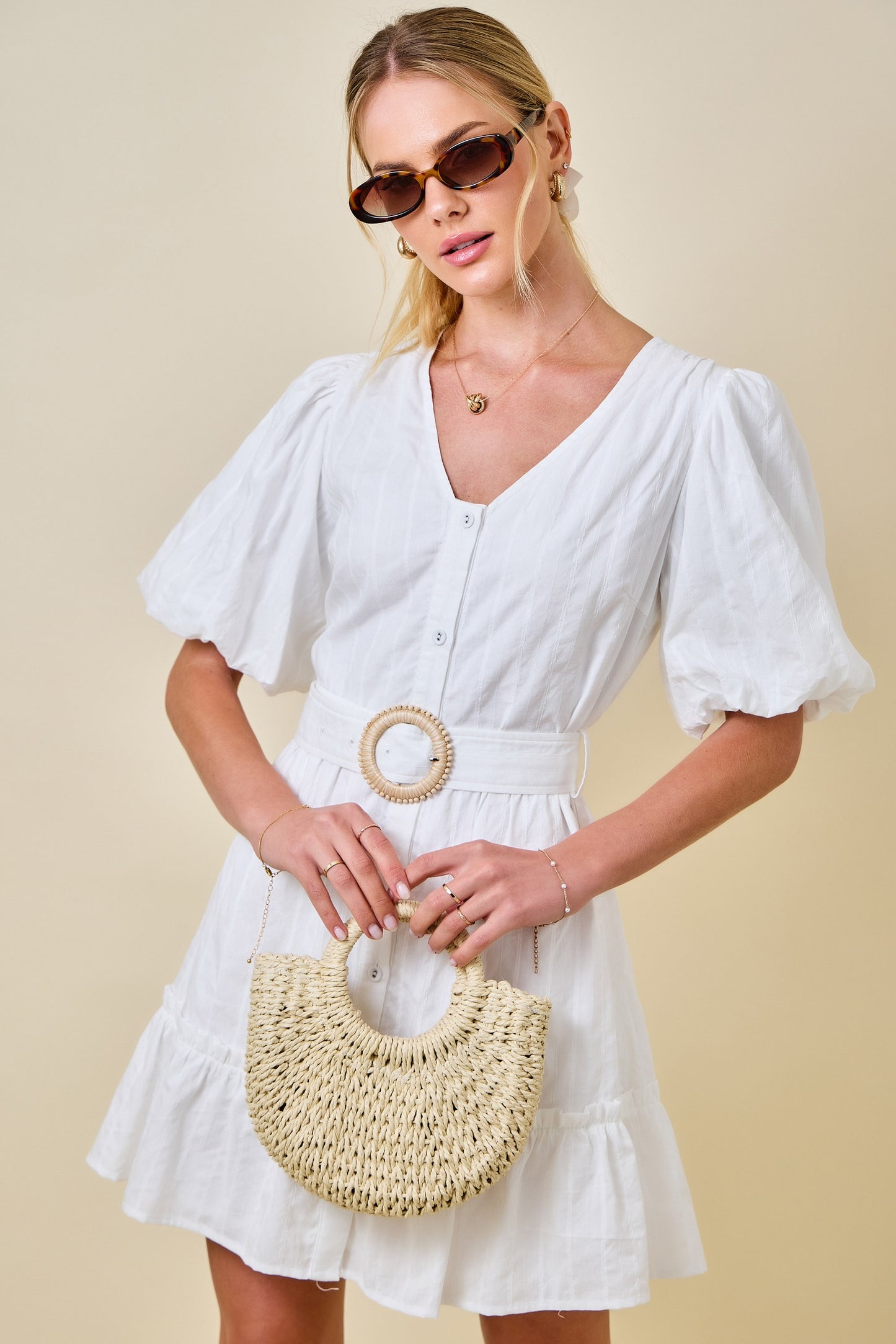 Dorthy White Ruffle Bubble Sleeve Dress