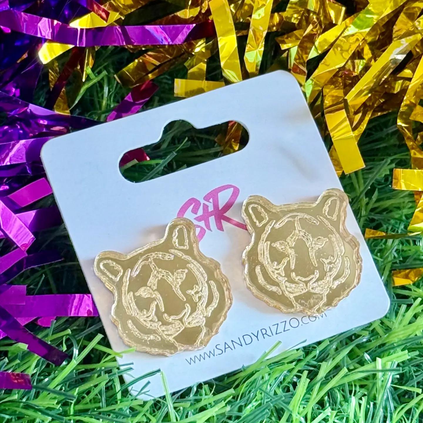 Medium Golden Mirrored Acrylic Tiger Stud