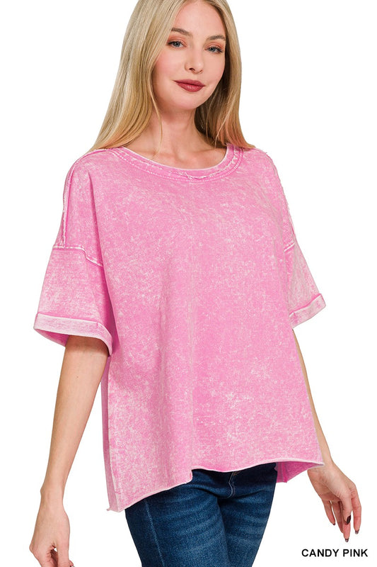 French Terry Acid Washed T Shirts Candy Pink