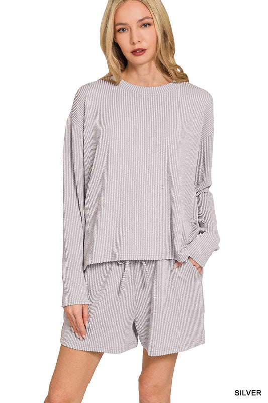 Rib Long Sleeve Tee & Shorts Set Silver
