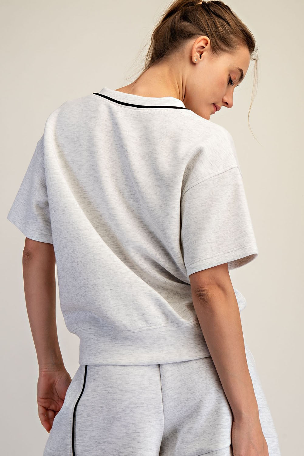 Modal Piping V Neck Top Grey