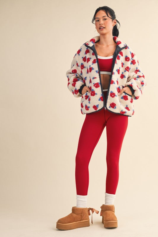 Cozy Oversized Rose Pattern Fleece Zip Up Jacket
