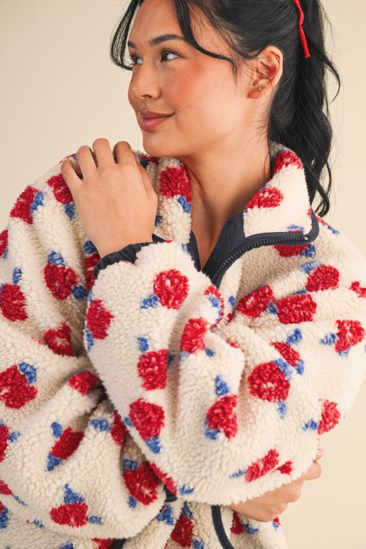 Cozy Oversized Rose Pattern Fleece Zip Up Jacket