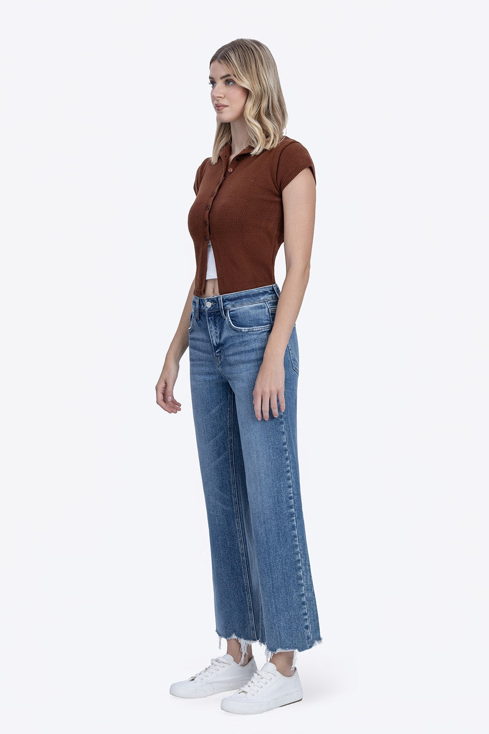 Vervet High Rise Distressed Hem Ankle Slim Wide Jeans