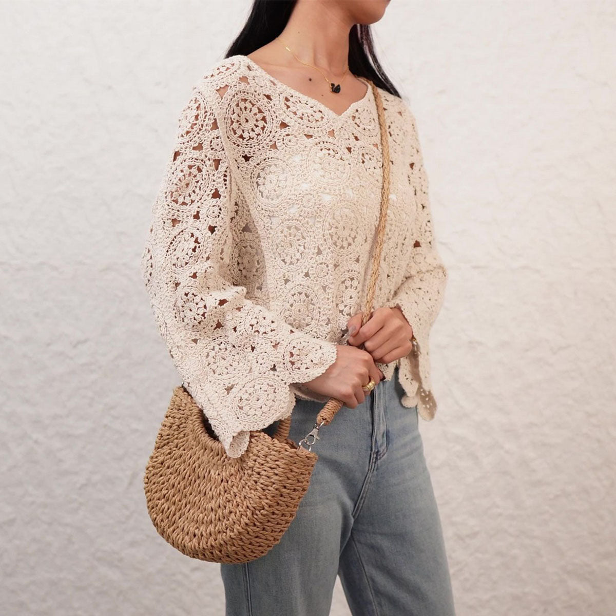 Solid Color Semi-Circle Handmade Straw BAG