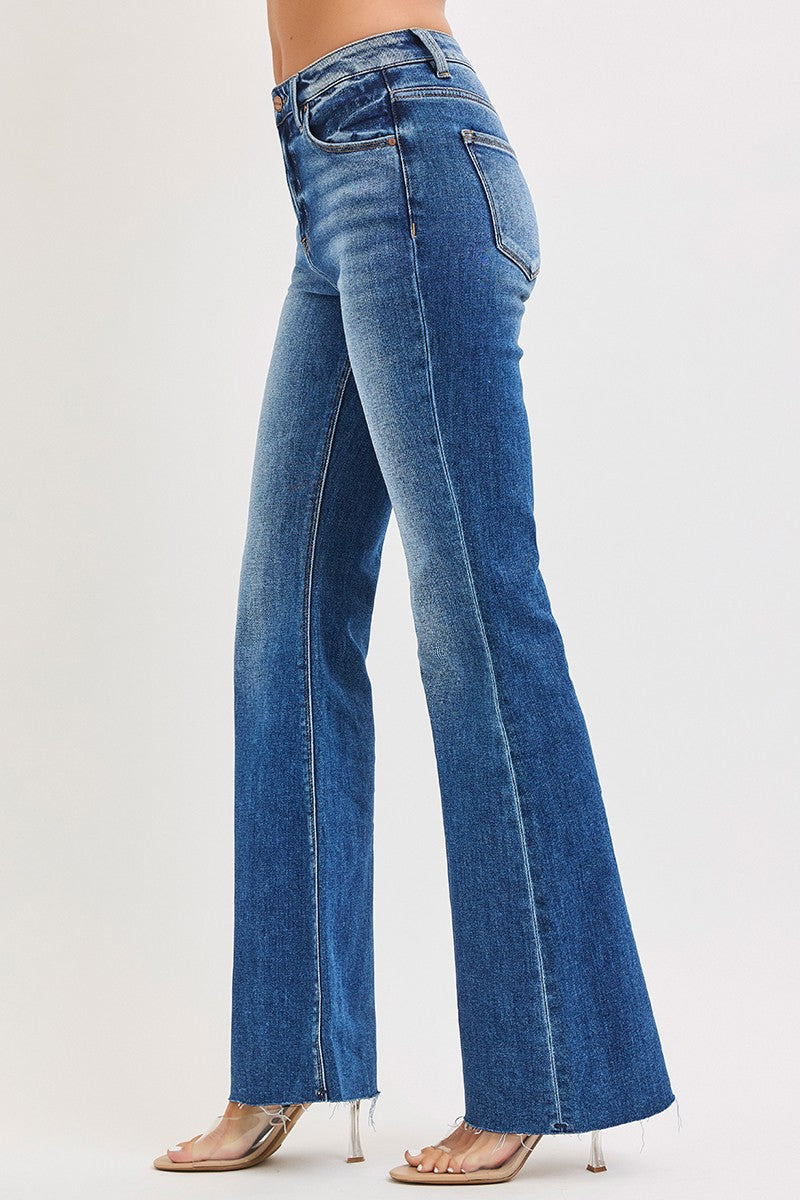 Risen High Rise Flare Jeans With Raw Cut Hem