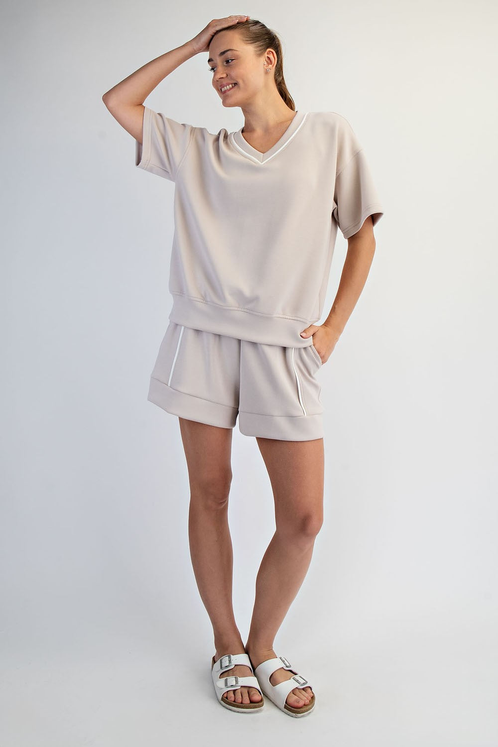 Modal Piping V Neck Top Mocha