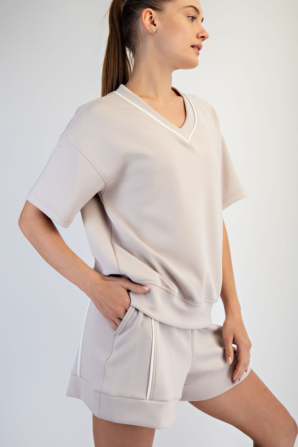Modal Piping V Neck Top Mocha