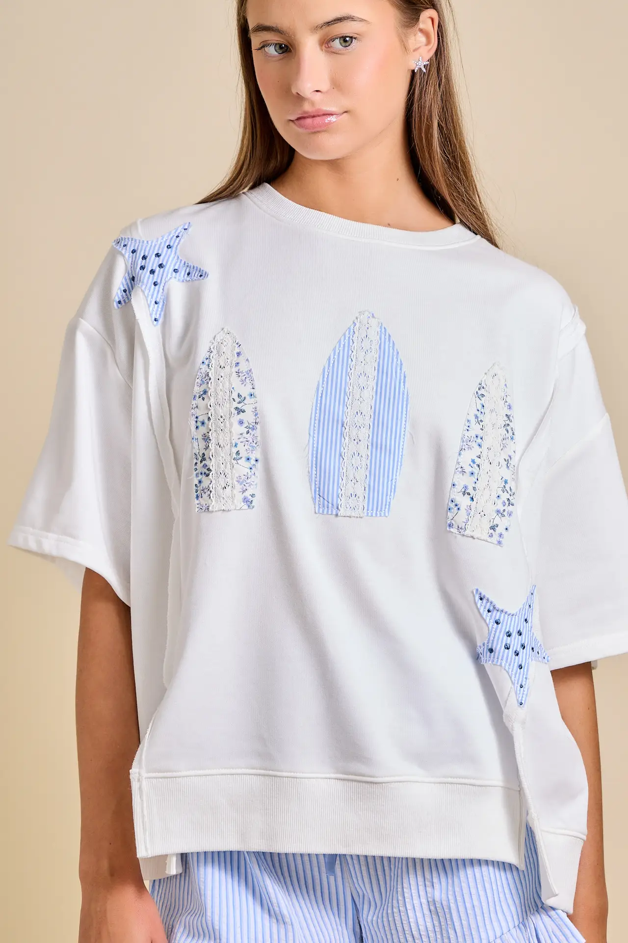 Surfboard Patchwork Tee – Coastal Summer Top