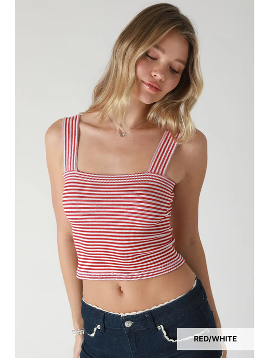 Modal Striped Square Crop Top Red and White