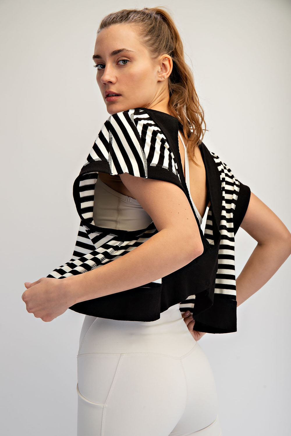 Striped French Open Back Top Black