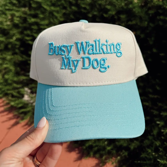Busy Walking My Dog. Blue Vintage Trucker Hat