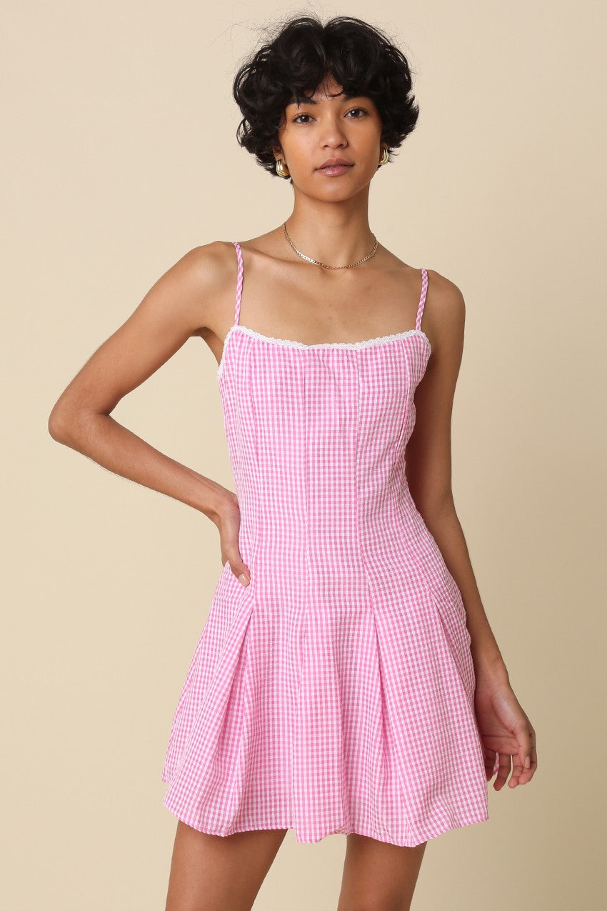 Rosette Gingham Flared Mini Dress