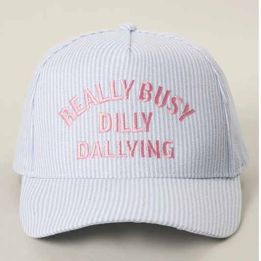 Really Busy Dilly Dallying Embroidered Seersucker Stripe Hat Blue