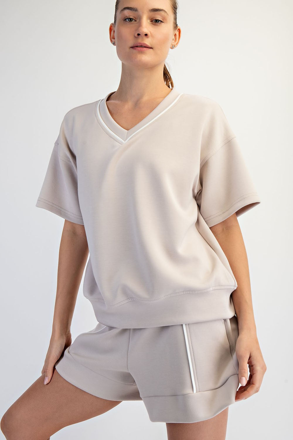 Modal Piping V Neck Top Mocha