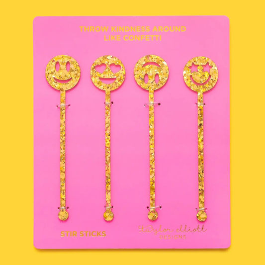 Stir Stick Set - Smiley - Gold Confetti - 4 Pc Set