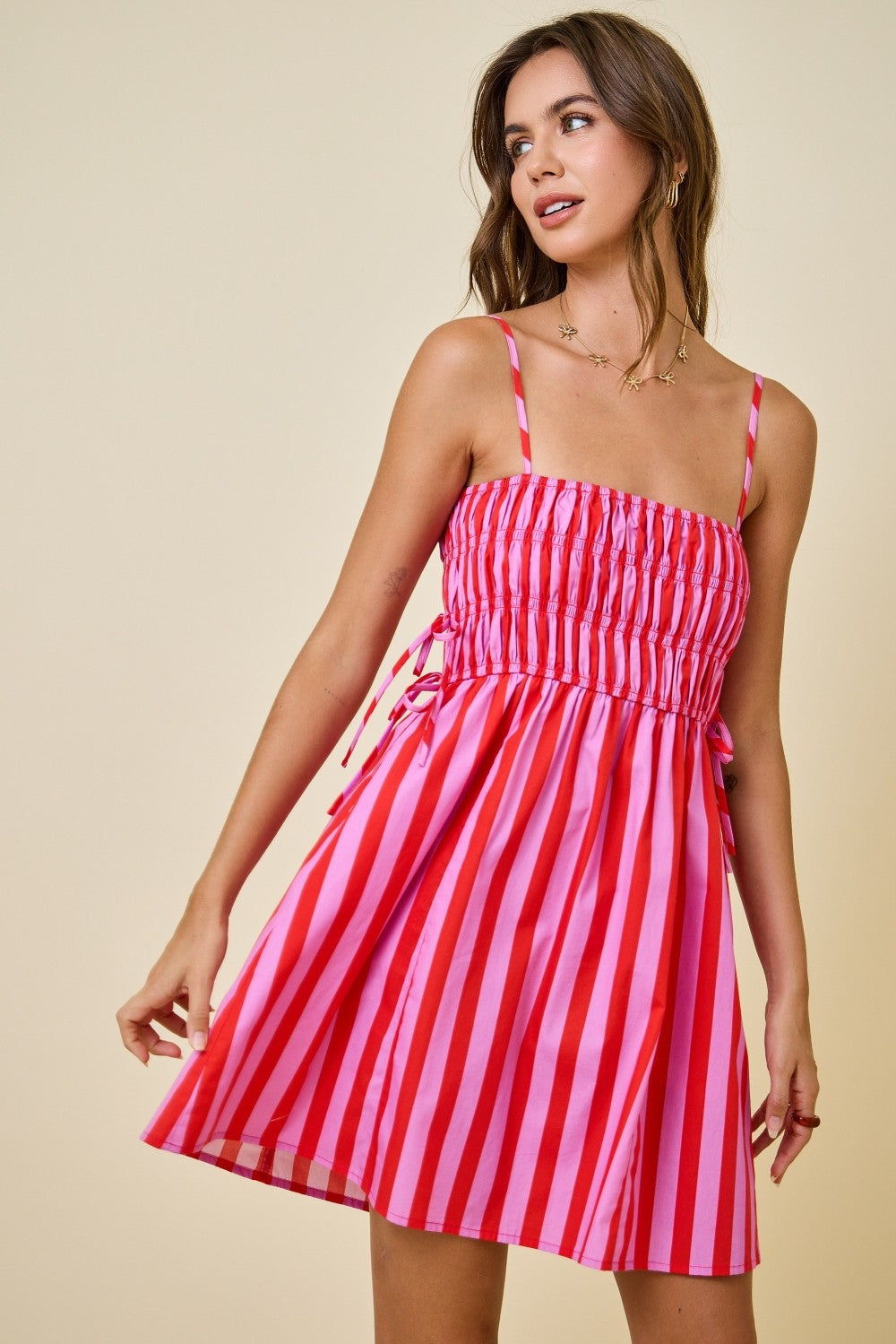 Damon Striped Smocked Mini Dress Pink