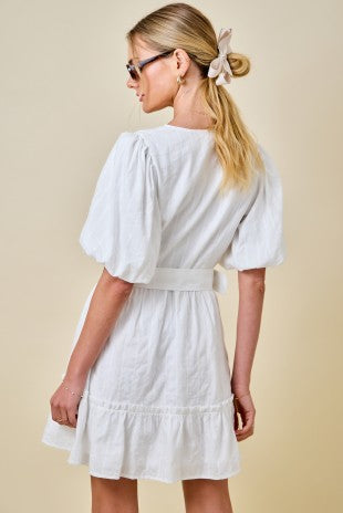 Dorthy White Ruffle Bubble Sleeve Dress