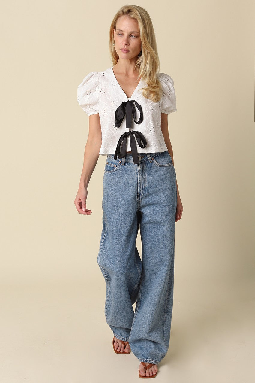 Colette Eyelet Contrast Tie-front Top
