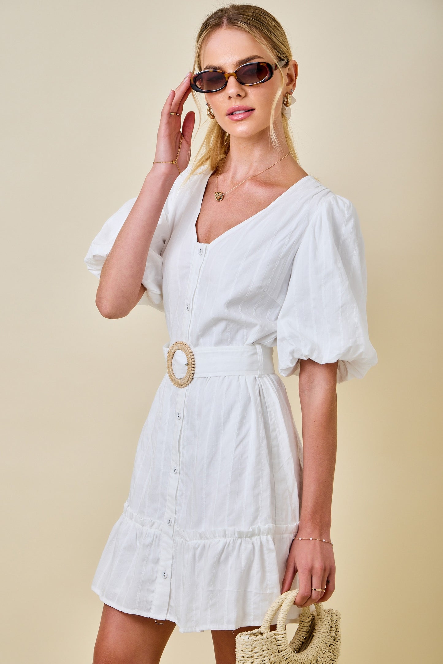 Dorthy White Ruffle Bubble Sleeve Dress