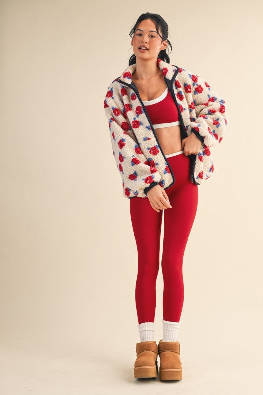 Cozy Oversized Rose Pattern Fleece Zip Up Jacket