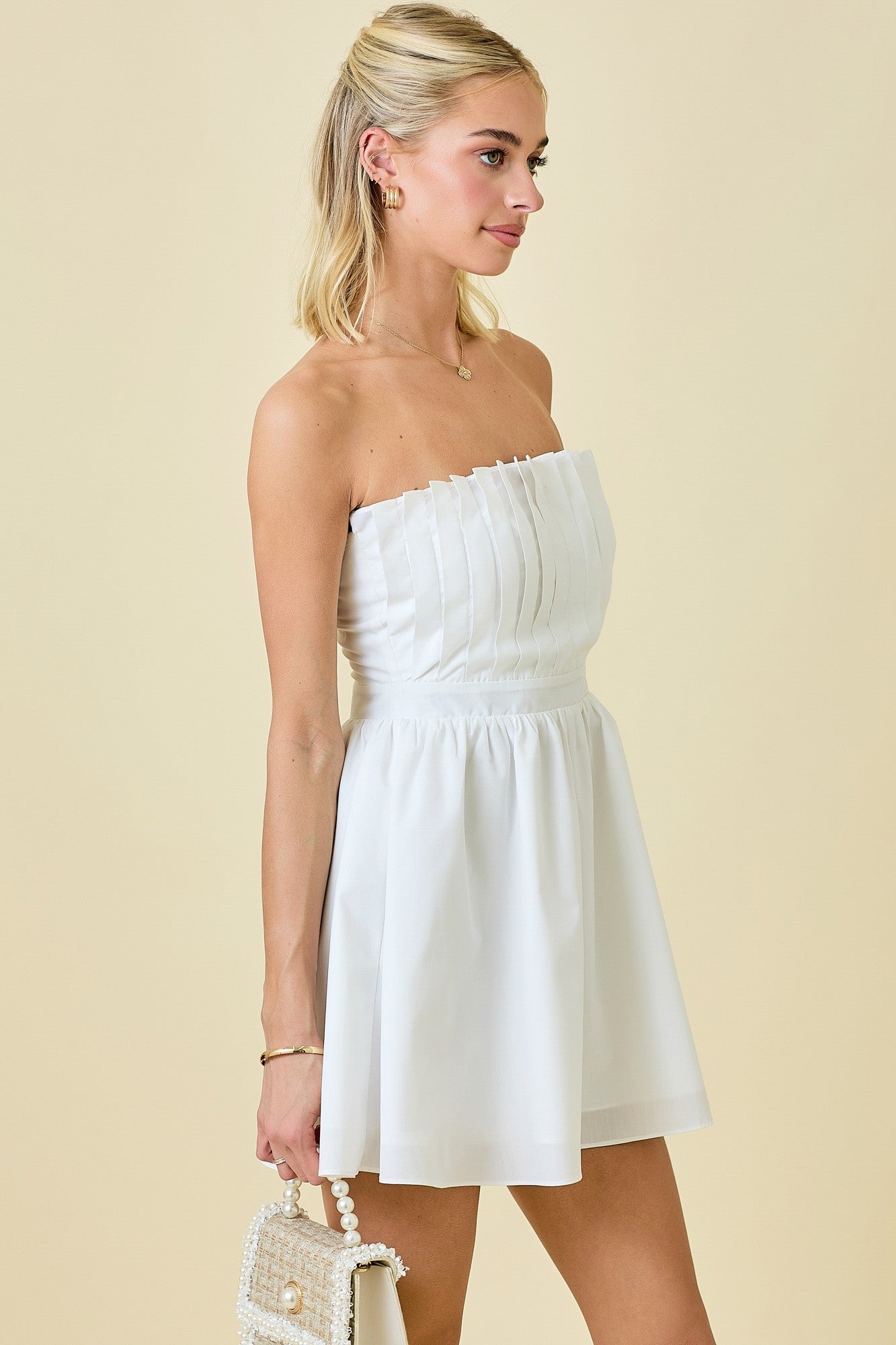 Dakota White Pleated Strapless Dress