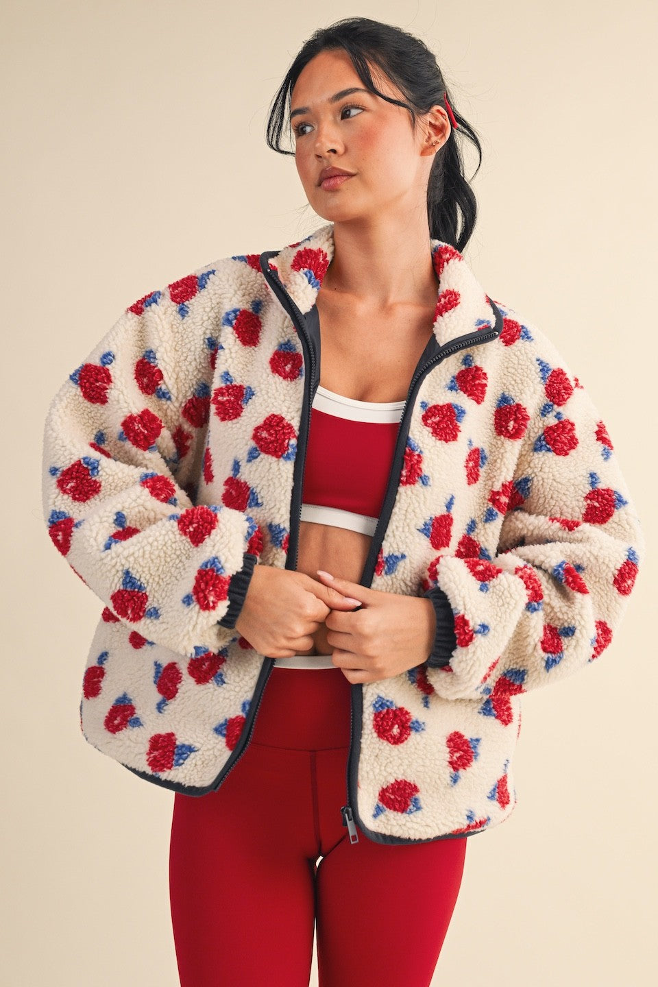 Cozy Oversized Rose Pattern Fleece Zip Up Jacket