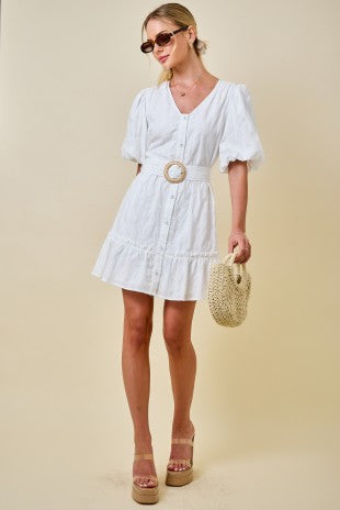 Dorthy White Ruffle Bubble Sleeve Dress