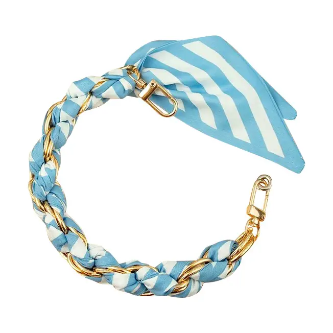 Gold Phone Chain with Scarf Blue and White Stripe
