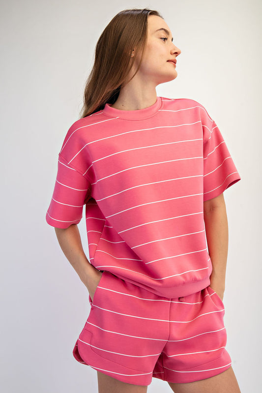Modal Scuba Stripe Short Sleeve Top Pink