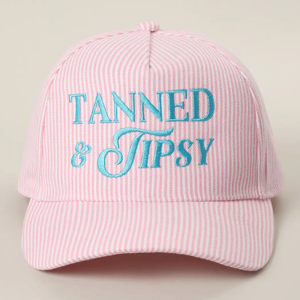 Tanned & Tipsy Embroidered Seersucker Stripe Trucker Hat Pink