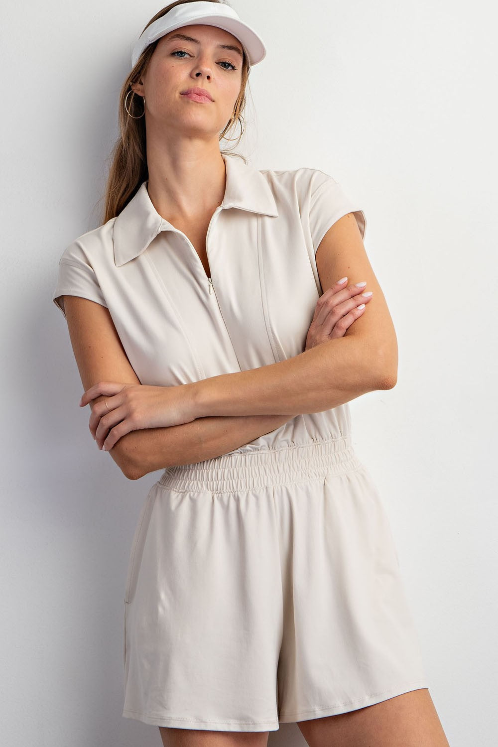 Butter Short Sleeve Quarter Zip Romper White