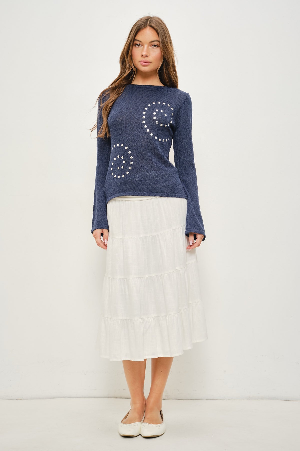 Ellie Studded Open Knit Long Sleeve Top