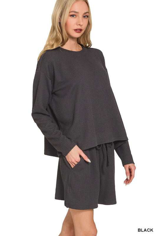 Rib Long Sleeve Tee & Shorts Set Black