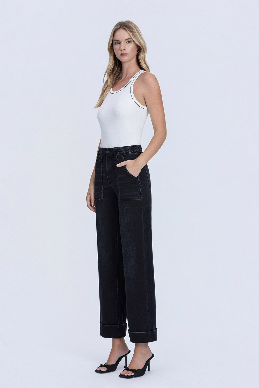 Vervet Black High Rise Elastic Wide Jeans