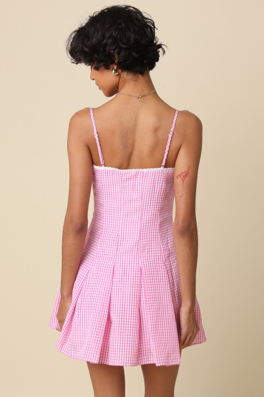 Rosette Gingham Flared Mini Dress