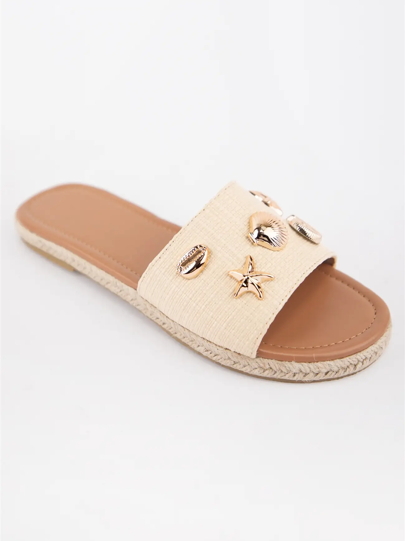 Raffia Espadrille Flat Slide Sandals with Shell
