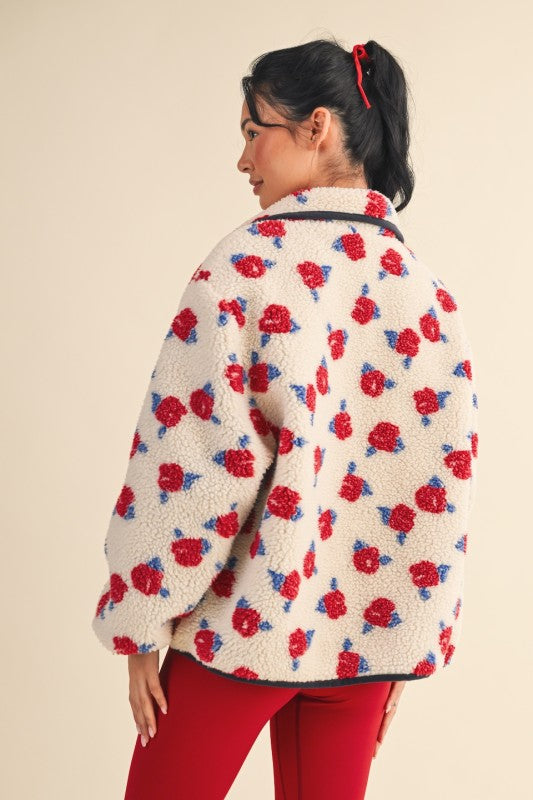 Cozy Oversized Rose Pattern Fleece Zip Up Jacket