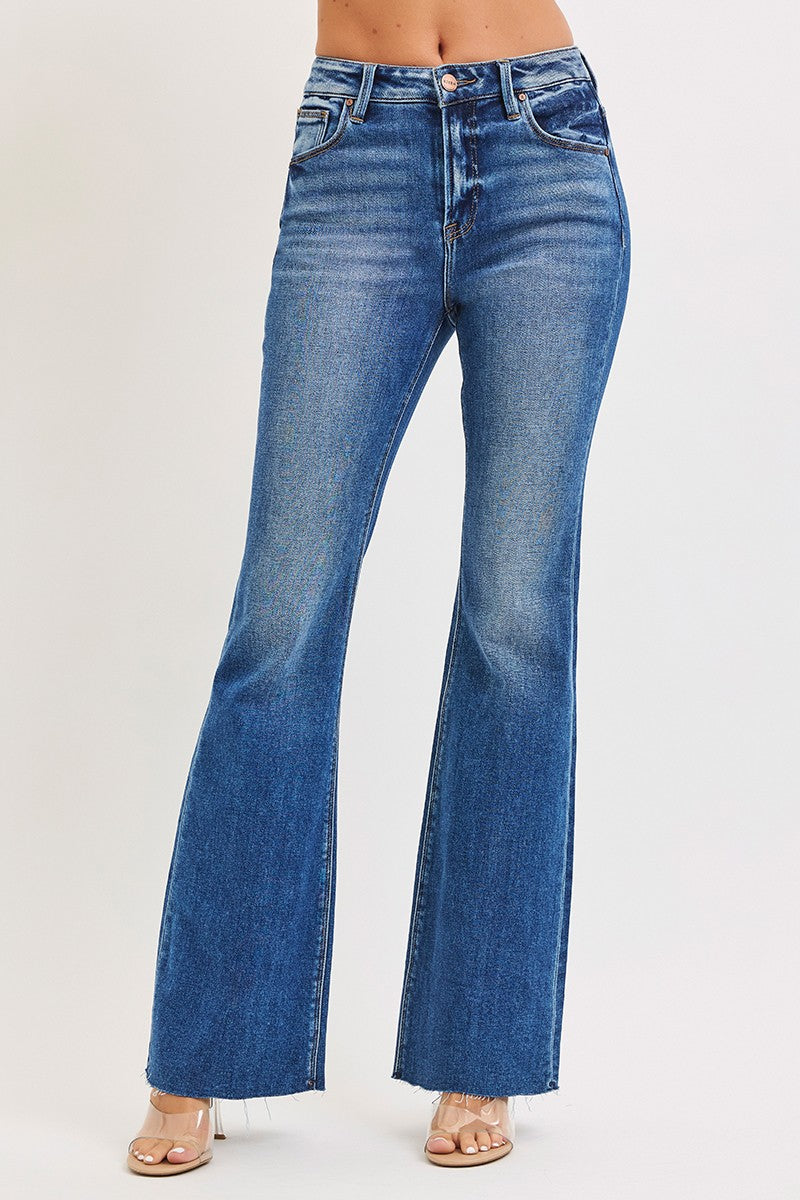 Risen High Rise Flare Jeans With Raw Cut Hem