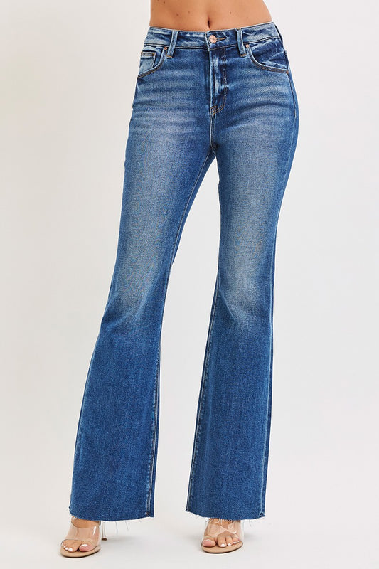 Risen High Rise Flare Jeans With Raw Cut Hem