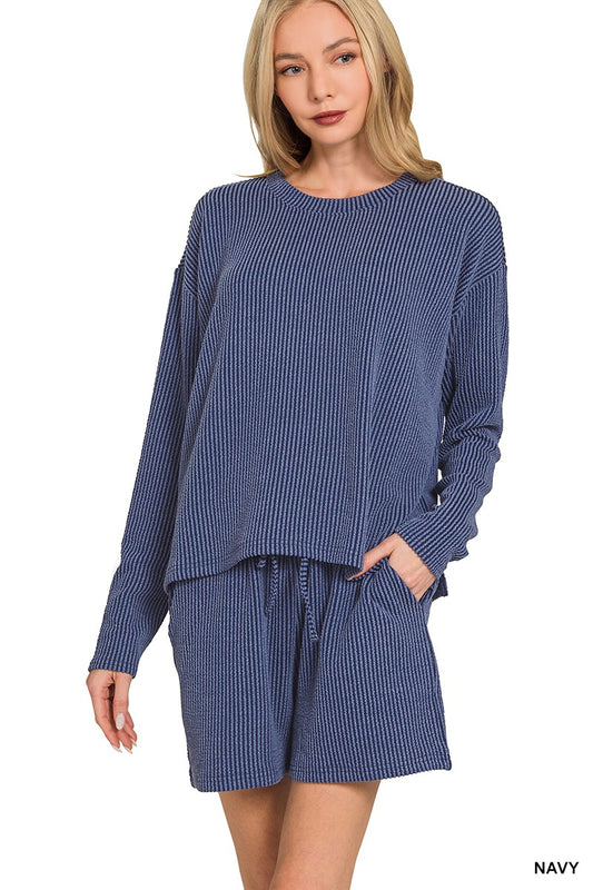 Rib Long Sleeve Tee & Shorts Set Navy