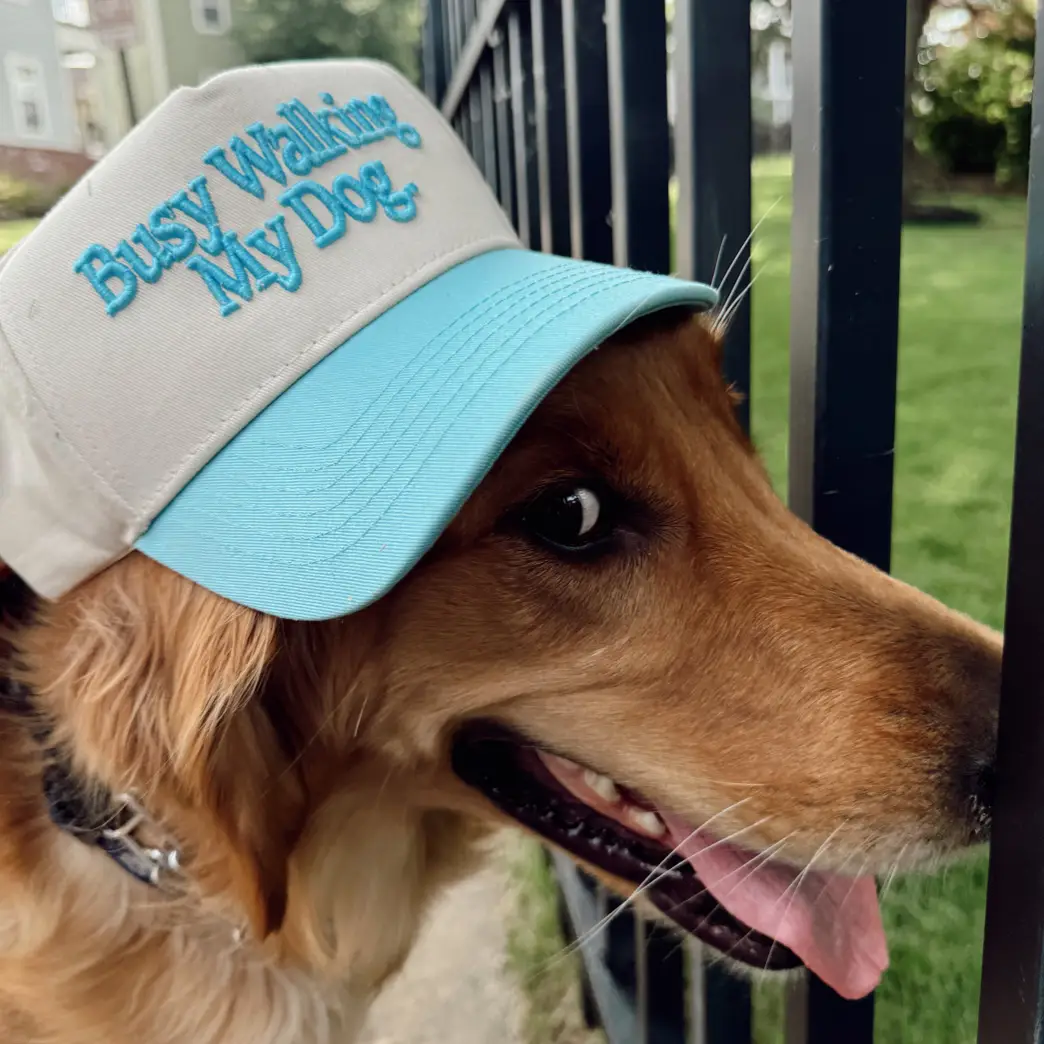 Busy Walking My Dog. Blue Vintage Trucker Hat